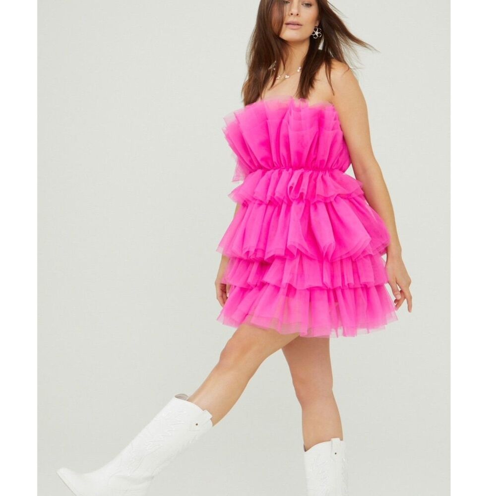 NWT Altar'd State, Fuchsia Daria Strapless Tulle Mini Dress, S Statement Barbie